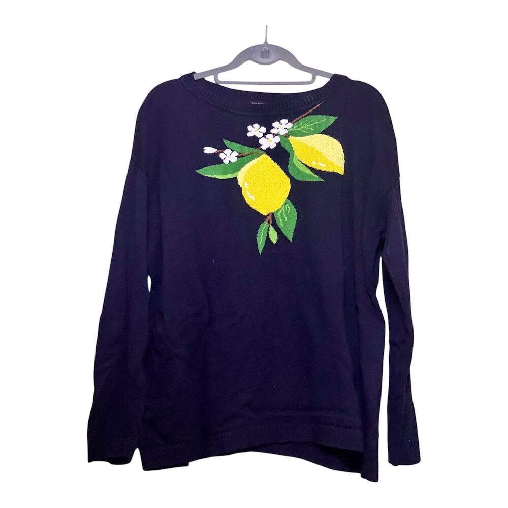 Talbots Women's Fresh Lemons Intarsia Sweater Navy Crewneck Pullover Size XL
